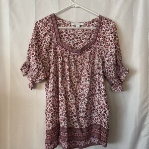 Bunulu Shirt Womens‎ Size L Pink Floral Short Sleeve Square Neck Blouse Top